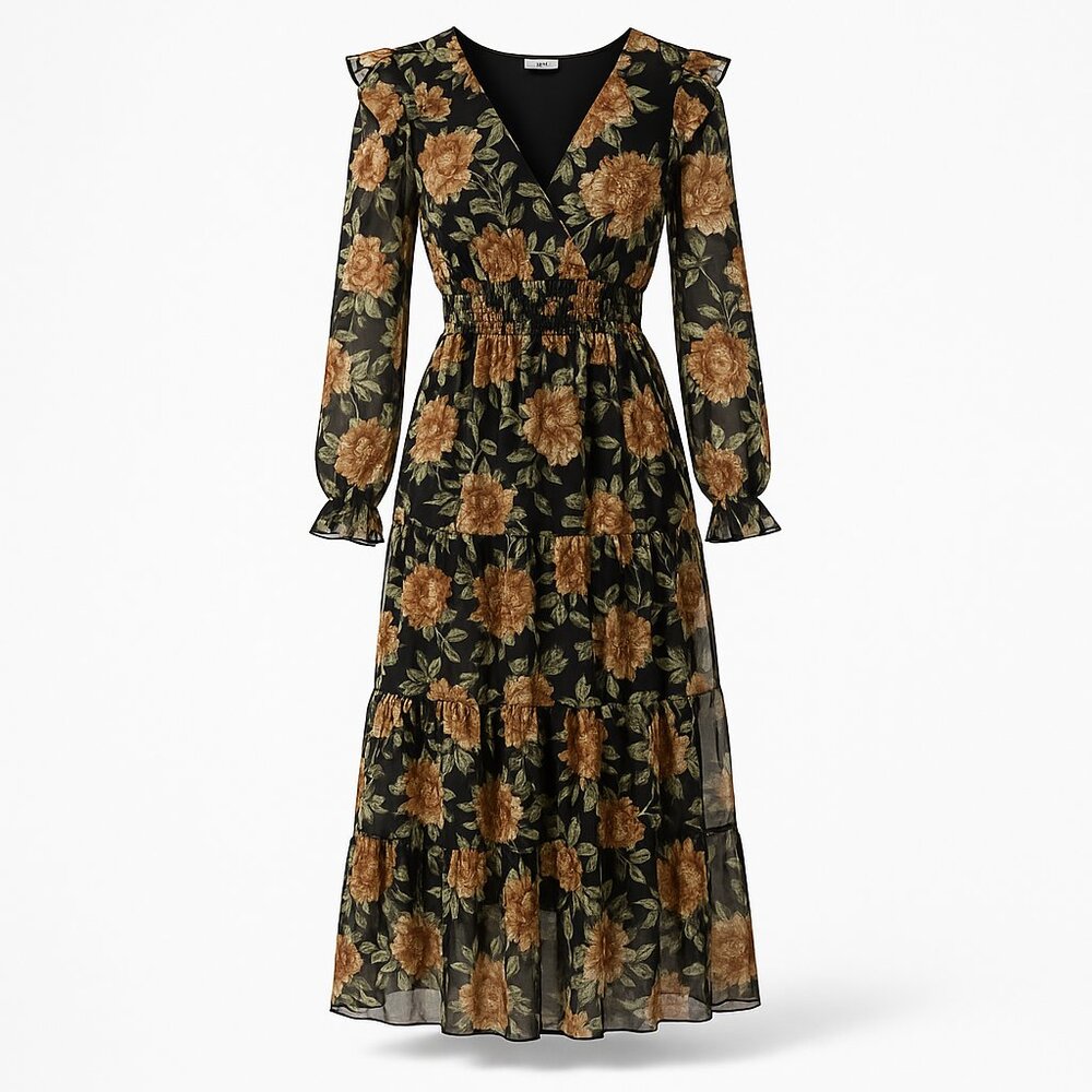 ASTR The Label Floral Chiffon Tiered Maxi Dress Long Sleeve Smocked Waist | S